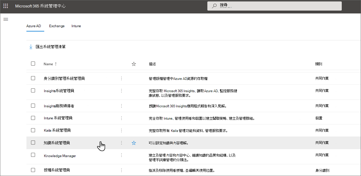 在 [Microsoft Entra ID] 索引標籤上選取的 [知識 管理員 影像。