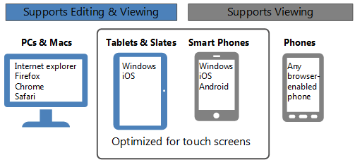 摘要說明不同裝置類型上 Office Web Apps 檢視和編輯功能的圖形。它會醒目提示已針對觸控螢幕優化的畫面。