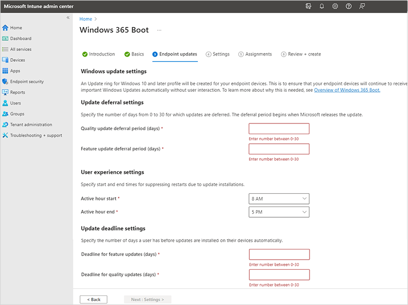 Screenshot of Windows 365 Boot guided scenario Endpoint updates tab.