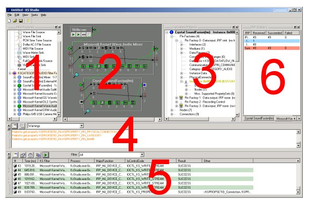 KSStream 公用程式介面的螢幕擷取畫面，其中顯示第一列上功能表窗格 1、2、3 和 6，後面接著底部資料列的 4 和 5。