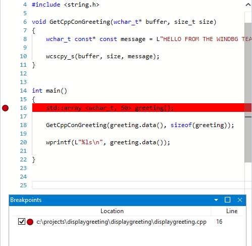 WinDbg 中 [來源] 視窗的螢幕快照，其中設定了 std：：array 上的斷點。