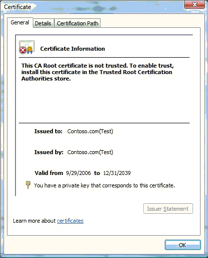 憑證視窗的螢幕擷取畫面，其中顯示 contoso.com (測試) 憑證的詳細資料。