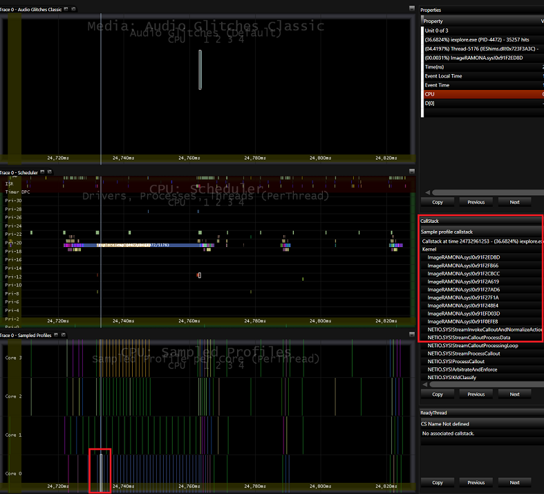 Media eXperience Analyzer (MXA) 螢幕擷取畫面，其中顯示 CallStack dataviewer。