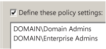 [用戶權力管理] 視窗的螢幕快照，其中顯示已選取 [定義這些原則設定] 複選框，並拒絕本機登入的兩個網域帳戶。