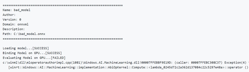 Sample trace log output for running a bad model