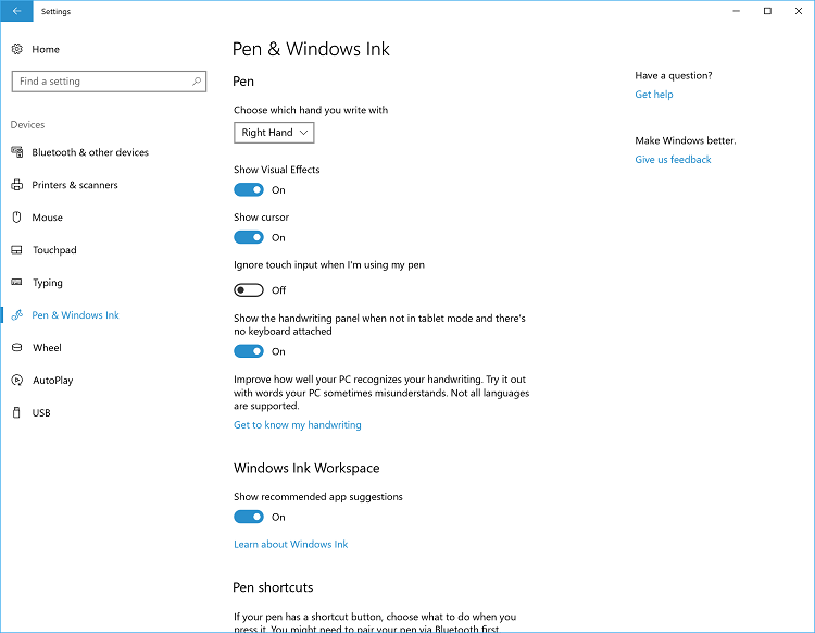 畫筆和 Windows Ink 設定頁面的螢幕快照。