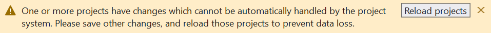 Visual Studio 橫幅供應項目的螢幕快照，以重載您的專案以完成變更。