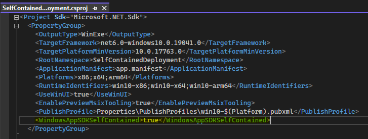 此螢幕快照顯示項目檔中設定的 WindowsAppSDKSelfContained 屬性。