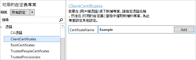 在 Windows 設定設計工具中，輸入憑證的名稱。