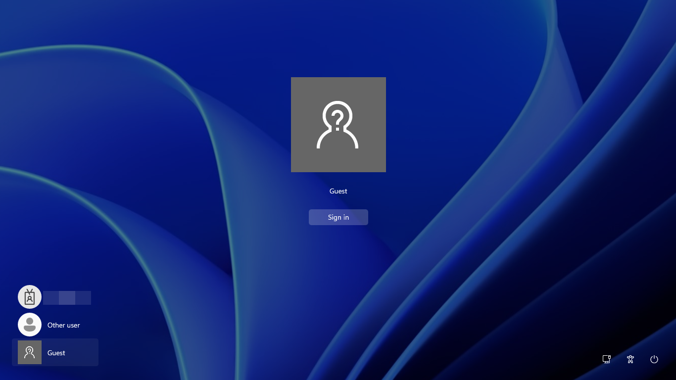 Windows 11 啟用 [來賓] 選項的登入畫面。
