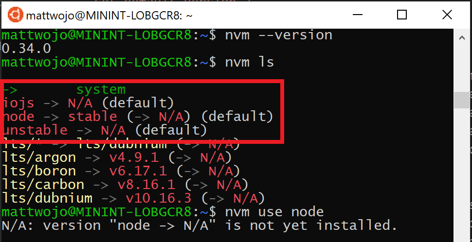 未顯示任何 Node 版本的 NVM 清單