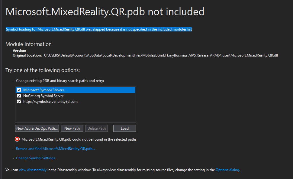 Microsoft.MixedReality.QR.pdb 找不到錯誤訊息