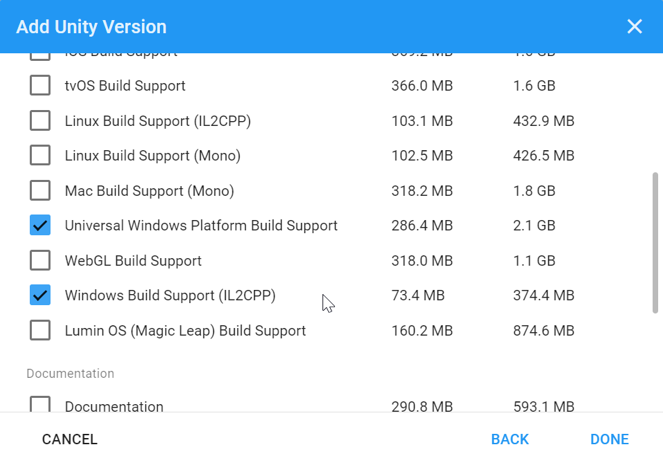 Unity 通用 Windows 平台 組建支持選項