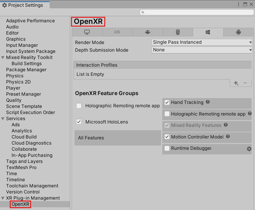 [Project Settings] \(專案設定\) 視窗的螢幕擷取畫面，其中顯示 [OpenXR] 設定。