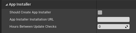 Unreal 編輯器的螢幕擷取畫面，其中已展開專案設定中的 [應用程式安裝程式] 區段