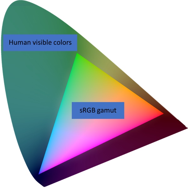 人類光譜定位和 sRGB gamut 的圖表