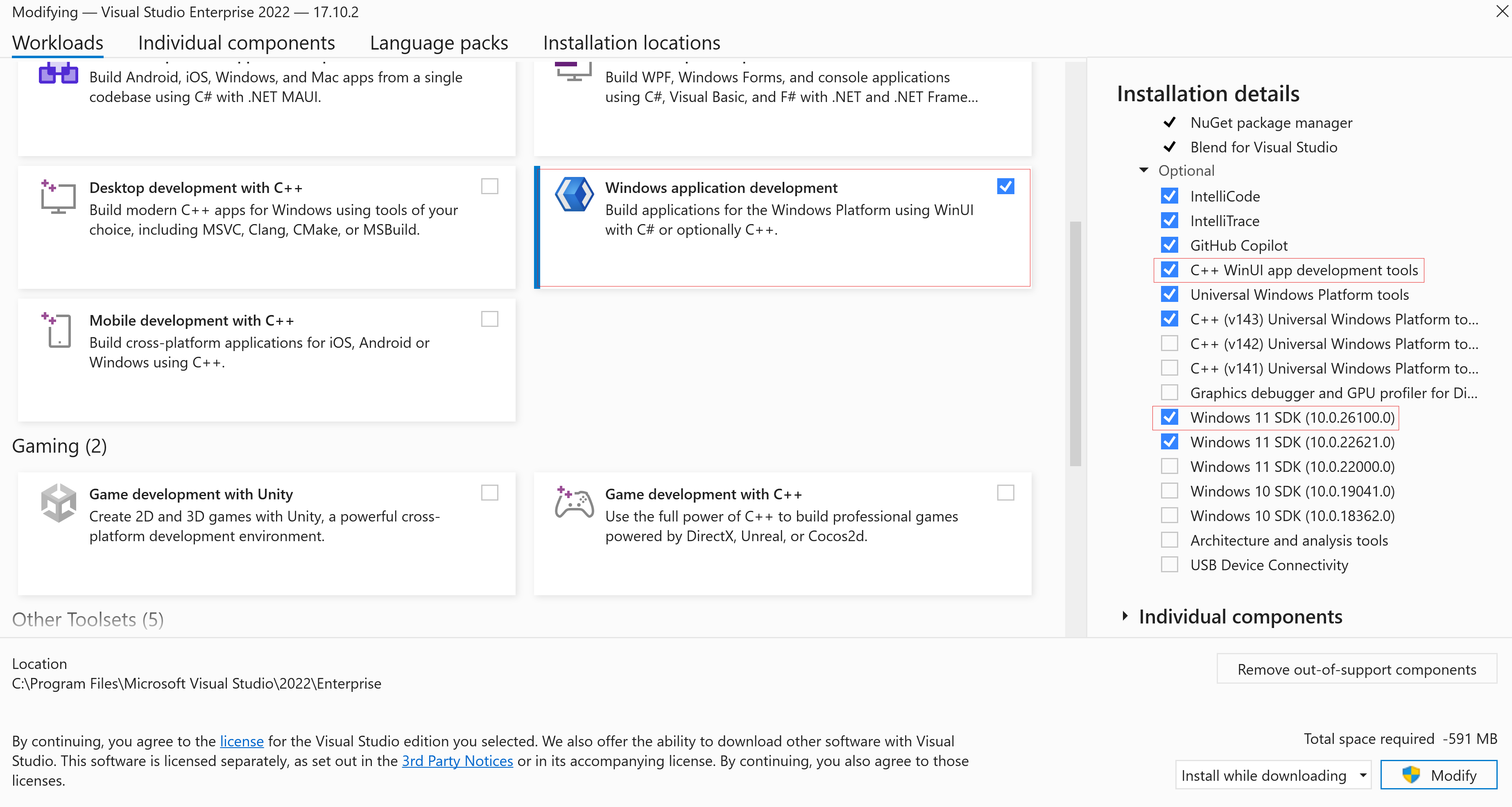 顯示 Visual Studio 中安裝必要工作負載的螢幕快照