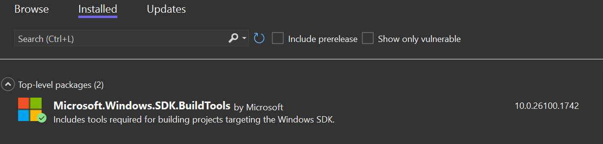 顯示 Visual Studio 中 NuGet 畫面上Microsoft.Windows.SDK.BuildTools 套件的螢幕快照